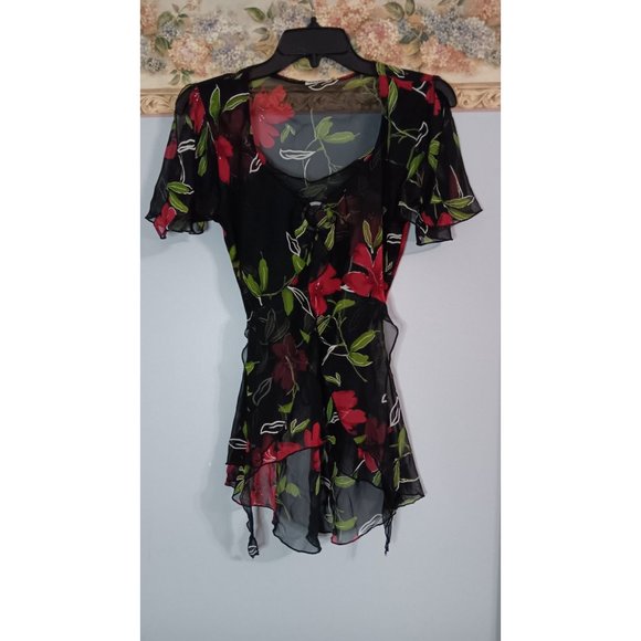 UVA Medium Black Floral Sheer Vintage Retro Y2K Romantic Flowy Top - Picture 1 of 7